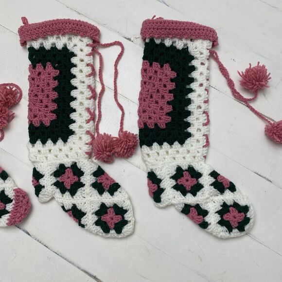Vtg Handmade Lot of 3 Crochet Granny Square Christmas Stockings Green Pink White - Picture 3 of 11
